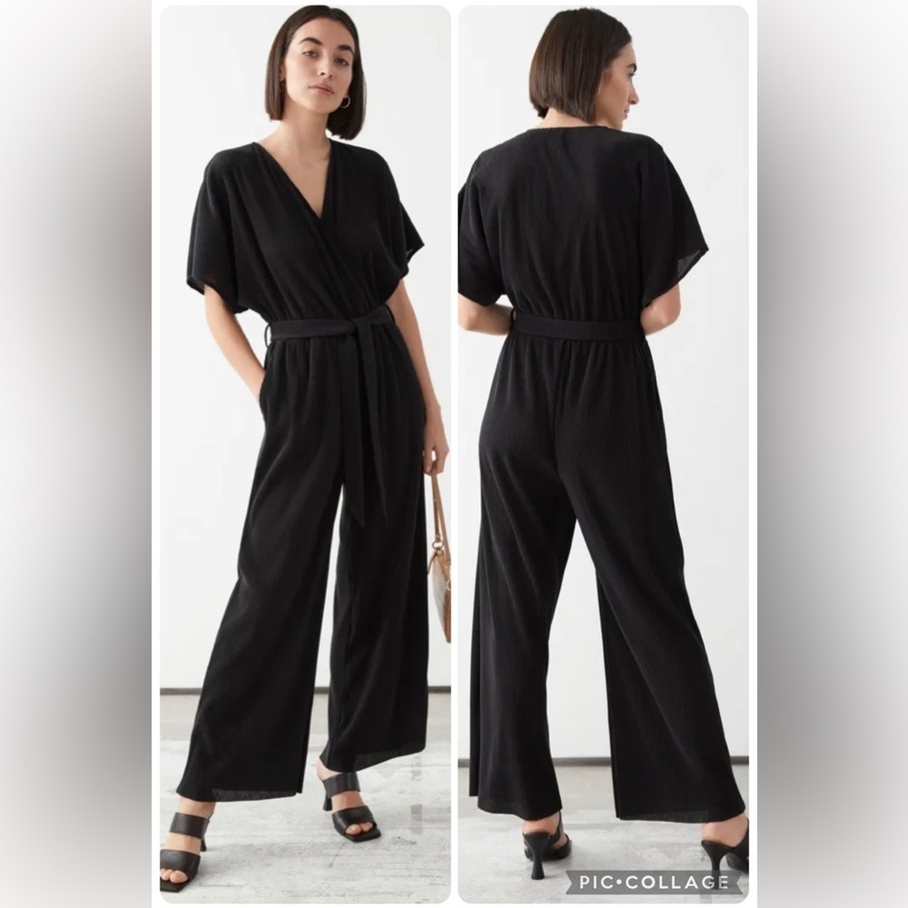& Other Stories Plisse Pleated Wide Leg Wrap Jumpsuit Size 2